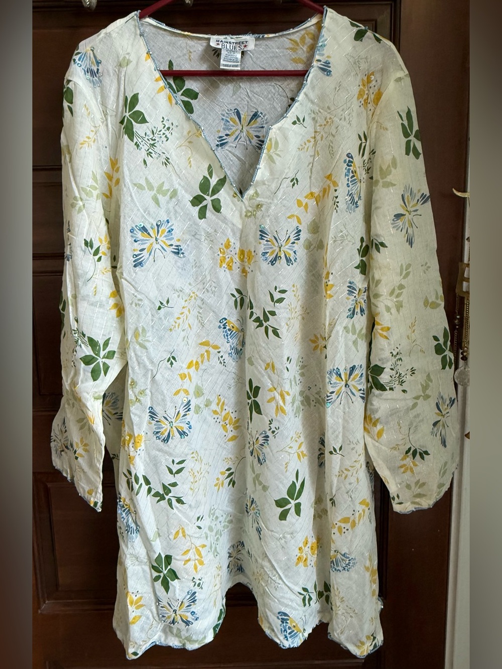 Plus Size Women's Floral Beaded Tunic in White with Blue, Yellow & Green